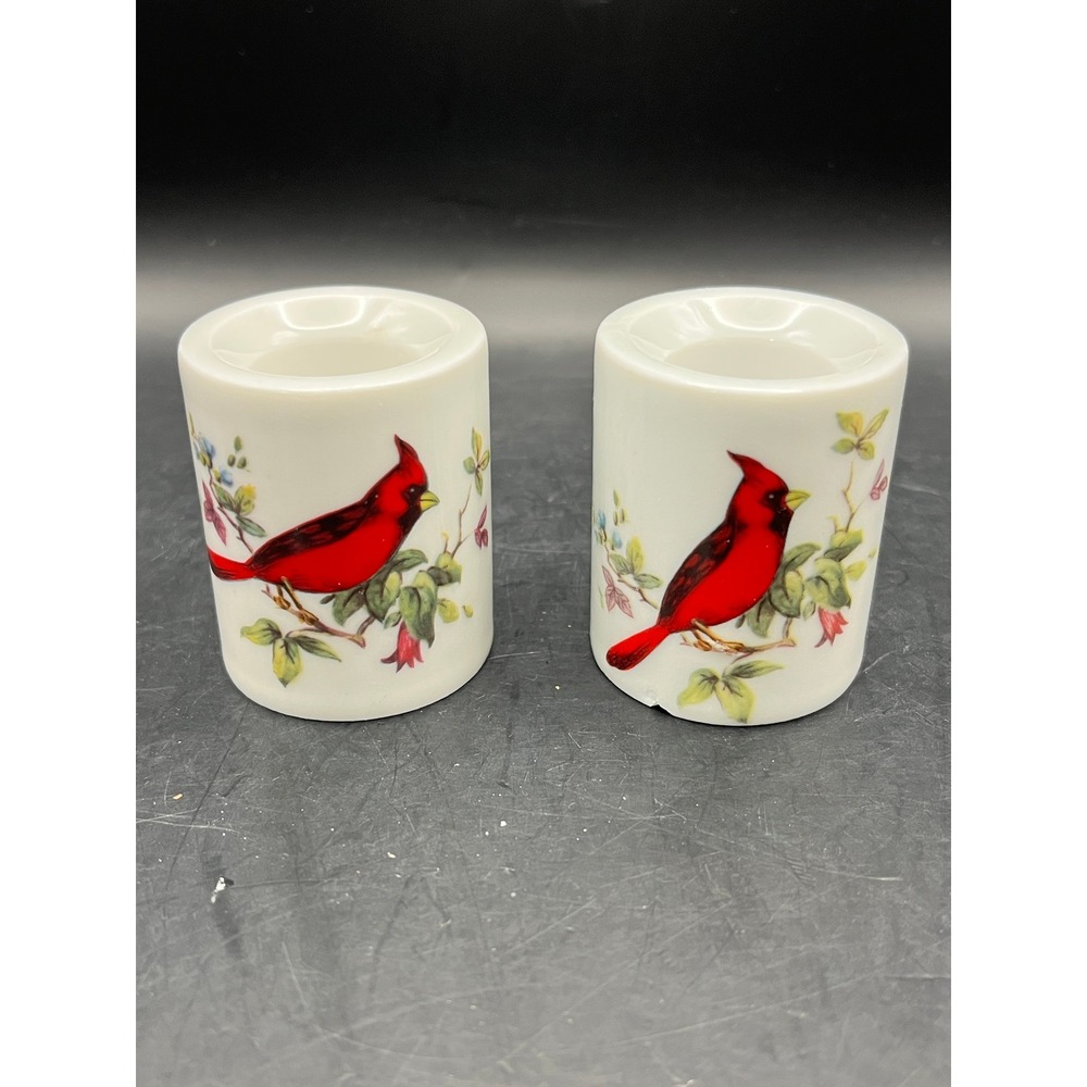Vtg Cardinal Bird Candle Holders‎ Set of 2 Ceramic Heavy Taper Candle 2" As Is